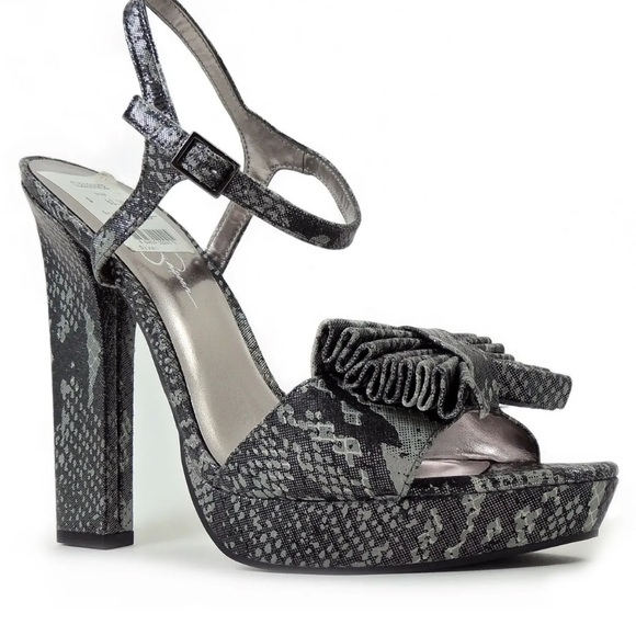 Jessica Simpson Casa Pumps Dark Pewter Stamped Metallic Snake Bow Platform Heels - Picture 3 of 14